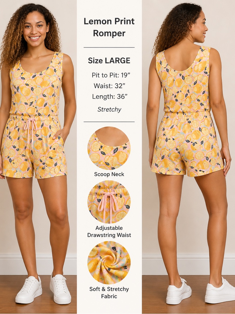 ALEXA LEMONADE Lemon Print JUMPSUIT ROMPER - LARGE Pit 19”
Waist 32”
Length 36”